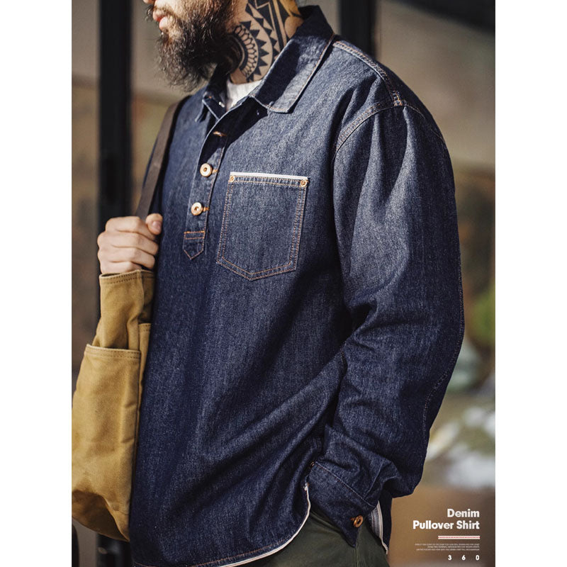 赤耳ウェビング ハーフボタンデニムプルオーバーシャツ – streofit